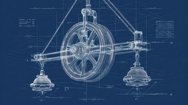 Blueprint diagram of a pulley system with wheels and hanging weights. AI generated image