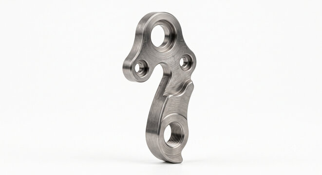 CNC machined solid titanium bicycle derailleur hanger with a threaded dropout and brushed finish. High-end cycling hardware isolated on pure white.