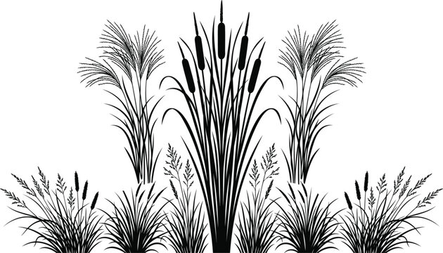 Black silhouette of cattail plants and reeds vector illustration