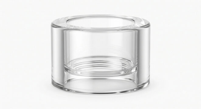 Extreme macro of a clear Surlyn plastic perfume pump neck collar isolated on a pure white background. Minimalist luxury fragrance decanting hardware.