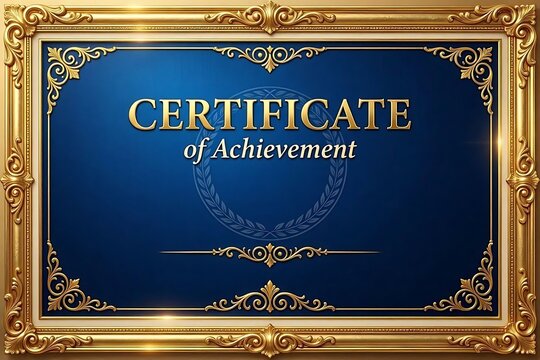 Regal certificate background with a deep royal blue gradient and ornate golden frame for official diplomas, awards, and luxury templates