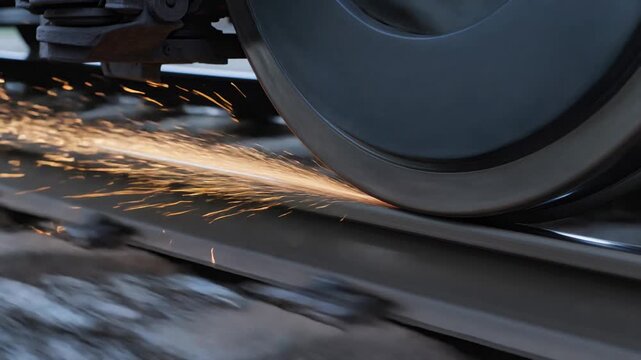Slow motion close-up of fast train wheel speeding along the track