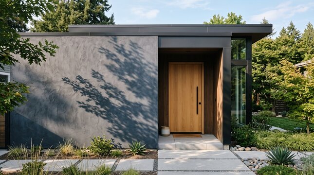 Modern residential house exterior featuring a natural wood front door set against a smooth dark grey textured concrete wall under bright sunlight on a summer day.