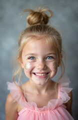 Obraz premium Blonde girl with blue eyes wears pink dress and has glitter on cheeks. She smiles happily at the camera with her hair in a bun. Studio portrait captures youthful joy and innocence.