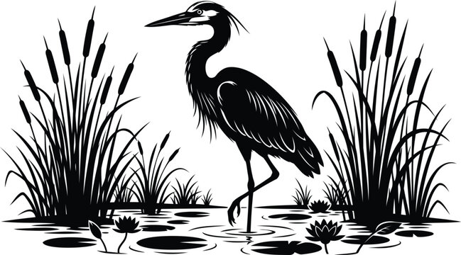 Black silhouette of a heron bird in a swamp with cattails
