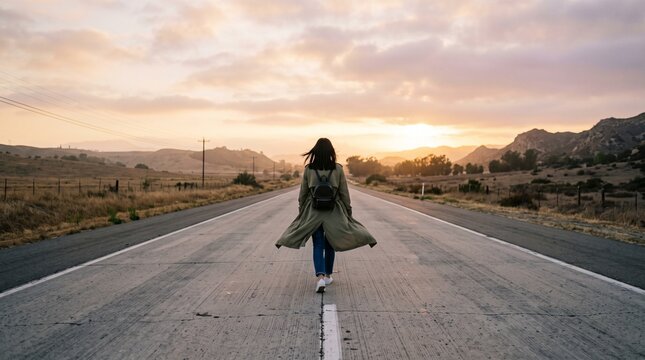 Young woman with a backpack walking down an empty asphalt road during a beautiful golden sunset wearing a long green coat and casual blue denim jeans