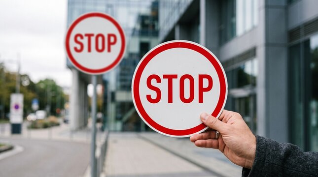 Human hand holding a circular white stop sign with bold red letters and a red border against a blurred urban background during a bright day