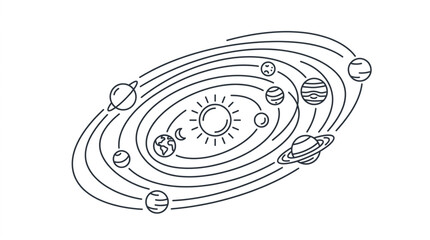 Stylized Solar System Diagram with Planets Orbiting the Sun. © dip