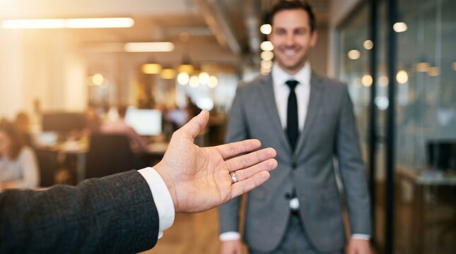 Professional business person extending an open hand for a firm handshake greeting toward a blurred colleague wearing a sharp grey suit in a bright modern office