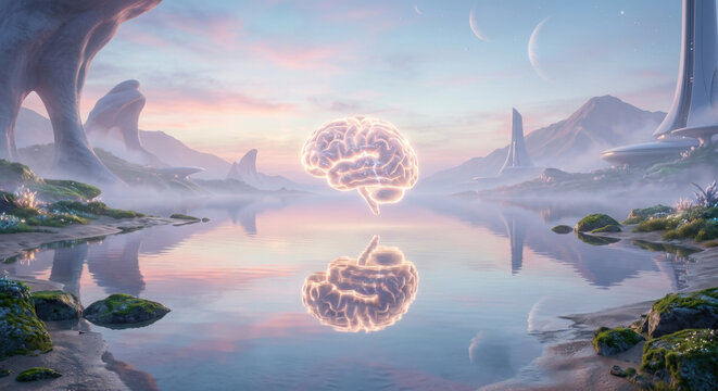 Two Luminous Brains Hovering Over a Reflective Alien Body of Water at Dawn, Inspiring Thought and Innovation