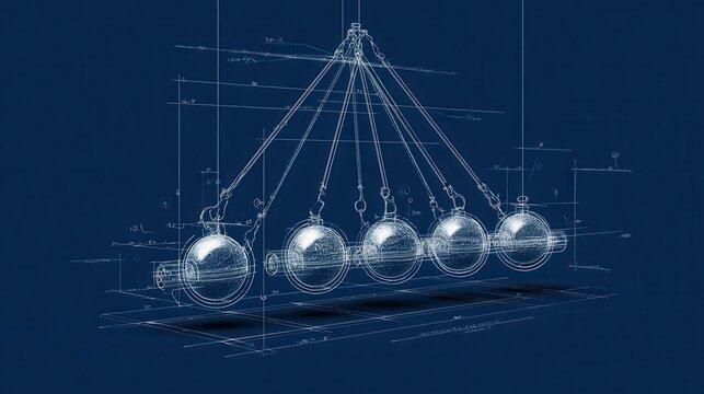 Blueprint diagram of a pendulum cradle demonstrating momentum transfer. AI generated image