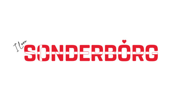 I love Sonderborg, Typographic design of I love Sonderborg on a white background, Flag typography of Sonderborg with heart, Vector design of Sonderborg City of Denmark, I love Denmark, Flag of Denmark