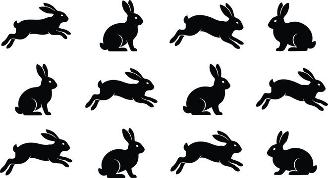 Black silhouettes of jumping and sitting rabbits set