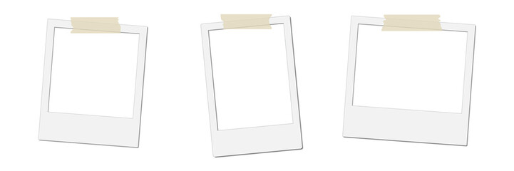 PNG instant photo frame, polaroid picture wall empty frames, realistic portrait blank film album mockup with adhesive tape shadow effect on transparent background © SharminAkter