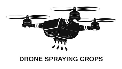 Very beautiful black and white realistic vector illustration of a drone spraying crops featuring detailed drone linework and bold label reading "DRONE SPRAYING CROPS", isolated on white background. © ehsanollah
