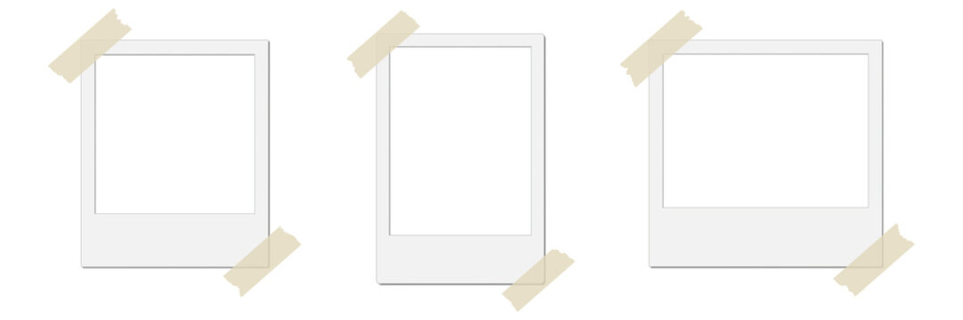 Instant photo frame, polaroid picture wall empty frames, realistic portrait blank film album mockup with adhesive tape shadow effect on transparent background