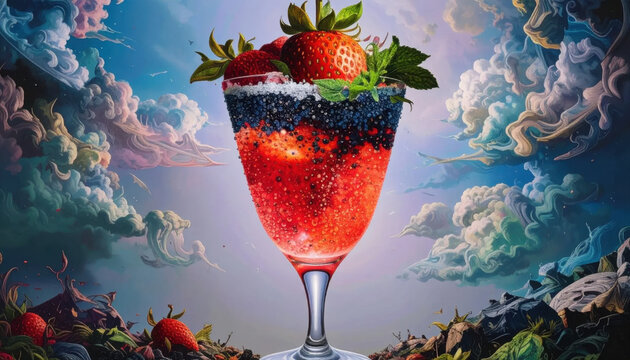 A Tall Glass of Layered Strawberry and Blueberry Cocktail with Fresh Mint Garnish