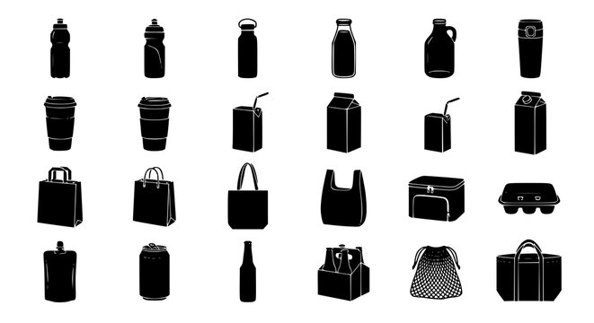 Black silhouette beverage container and reusable shopping bag vector set featuring bottles cartons travel mugs milk jugs and eco friendly packaging