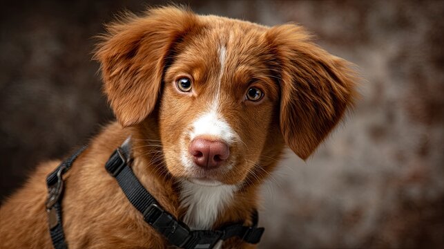 Close Up Portrait Of Brown Puppy With Harness.