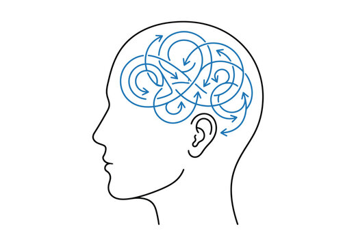 Abstract illustration of a human head with confused circular arrow thoughts in the brain