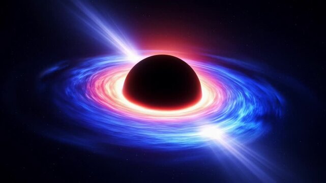 Black Hole Accretion Disk Illustration with Glowing Red and Blue Light Rays Swirling Around a Dark Center