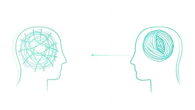 Heads Icon with Turquoise Brain Lines Showing Tangled Ideas and Focused Thinking in a Minimalist Vector Design