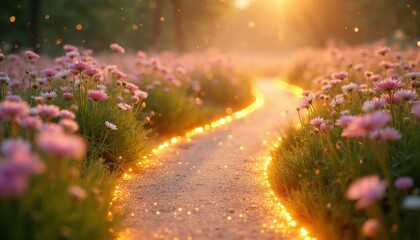 Obraz premium Glowing path through flower field with golden dust. Gentle sunlight illuminates blooming flora creating a magical, dreamy, and enchanting natural landscape scene.