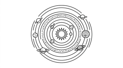 Stylized illustration of the solar system with planets orbiting the sun. © henceta