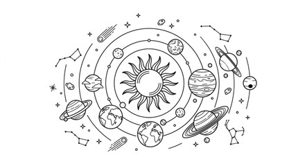 Stylized Solar System with Sun and Planets Orbiting. © henceta
