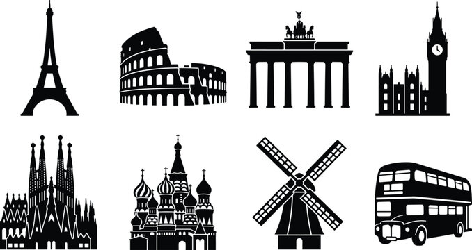 European landmarks silhouette icon set featuring famous historic monuments attractions and travel symbols isolated on white background