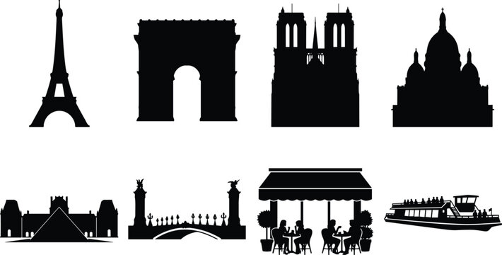 Paris landmarks and culture silhouette icon set featuring famous historic monuments, outdoor cafe, and tourist river boat