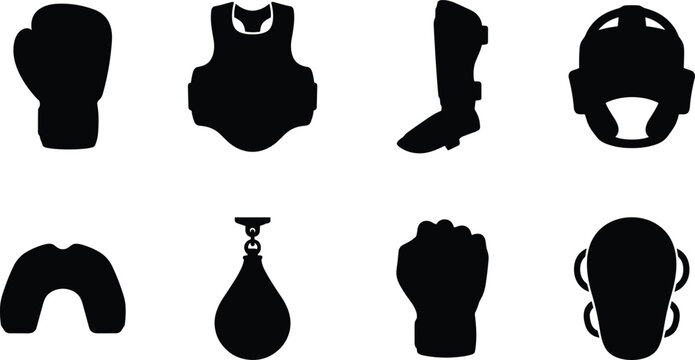 Set of martial arts and boxing protective gear silhouette icons including boxing glove helmet body protector shin guards punch mitt and speed bag isolated on white background