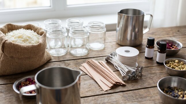 Candle making supplies including wax flakes melting pitchers wicks and essential oils on table
