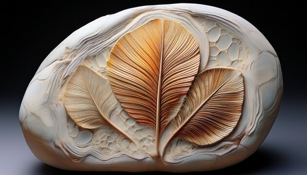 Leaf Fossil Embedded In A White Stone A Natural Art Piece