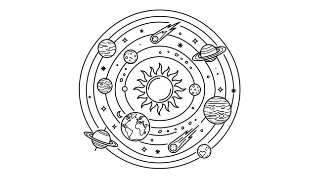 Stylized Solar System Illustration with Planets and Comets.