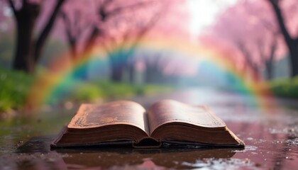 Obraz premium Open ancient book lies on wet ground under rainbow arc. Blooming trees form alley. Soft light shines. Fantasy story begins. Magic in literature. New chapter.