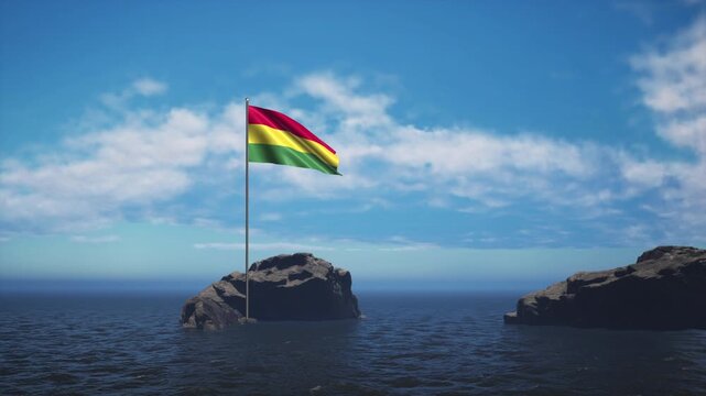 Bolivia Flag Standing In The Middle Of The Ocean Near A Rock