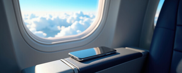 Naklejka premium Smartphone rests on airplane armrest looking out window at clouds and blue sky. Passenger travels by air during daytime flight observing scenery above atmosphere.
