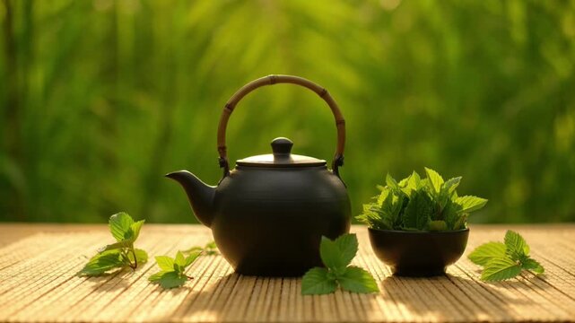 Black Kettle on Wooden Table with Fresh Green Mint Leaves and Blurred Natural Garden Background for Calm Tea Concept