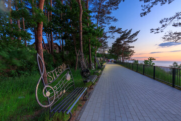 Naklejka premium Beautiful pine boulevard by the Baltic Sea in Stegna at sunset, Poland