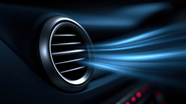 Air conditioning vent blowing cold air in a car interior. Concept for automotive climate control and comfort technology.