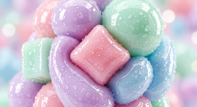 Colorful shapes with droplets on a smooth surface in bright light