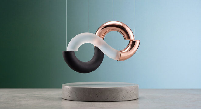 Sculpture hanging from a stand with different shapes and colors on a table