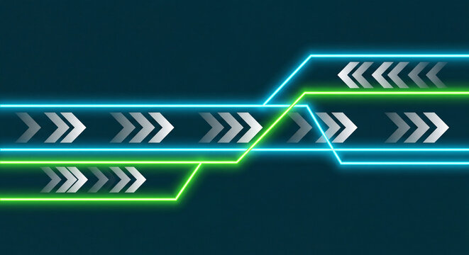 Neon arrows point in different directions on a dark background