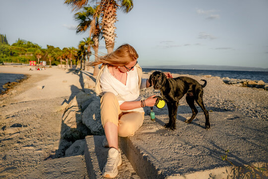 Woman bonding with black Labrador retriever on beach