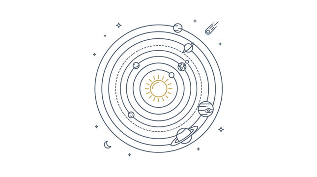 Solar System Diagram with Sun and Planets Orbiting.