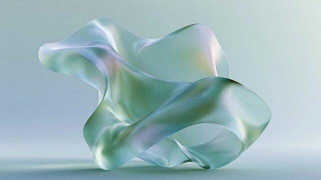 3d rendering of an abstract sculpture made of a shiny, metallic material. the sculpture is in the shape of a wave-like shape, with a light blue and green color scheme.