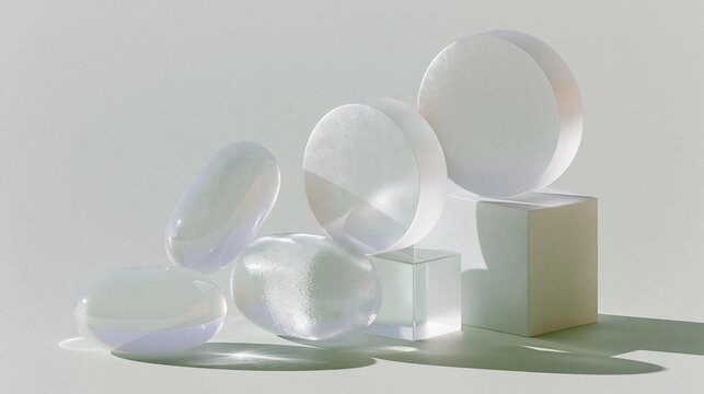 Group of five spherical objects arranged on a white surface. the objects are of different sizes and shapes, with the largest one in the center and three smaller ones on either side.