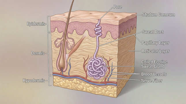 Eccrine sweat gland anatomy. Cross-section diagram of human skin layers.