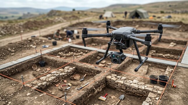 Drone surveying archaeological excavation site with stone structures  